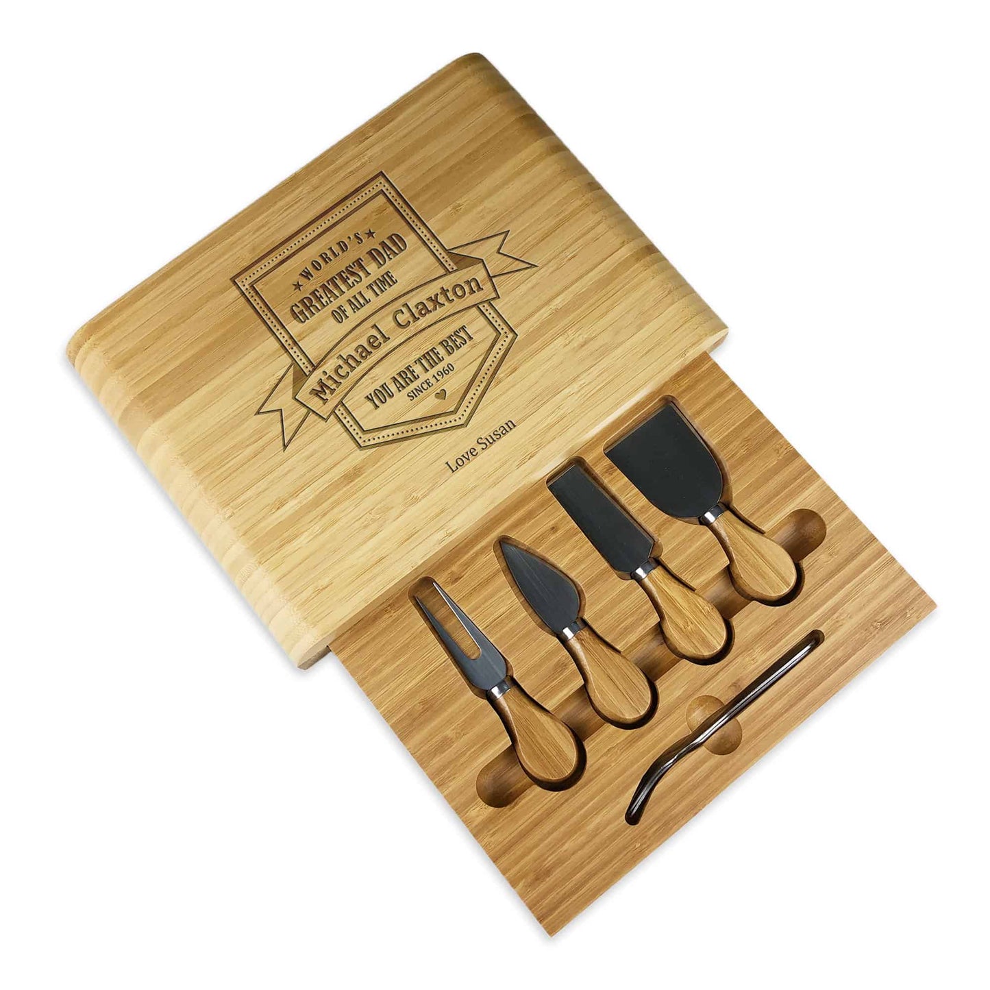 Worlds Greatest Dad Wooden Cheese Board & Knives Gift Set Fathers Day