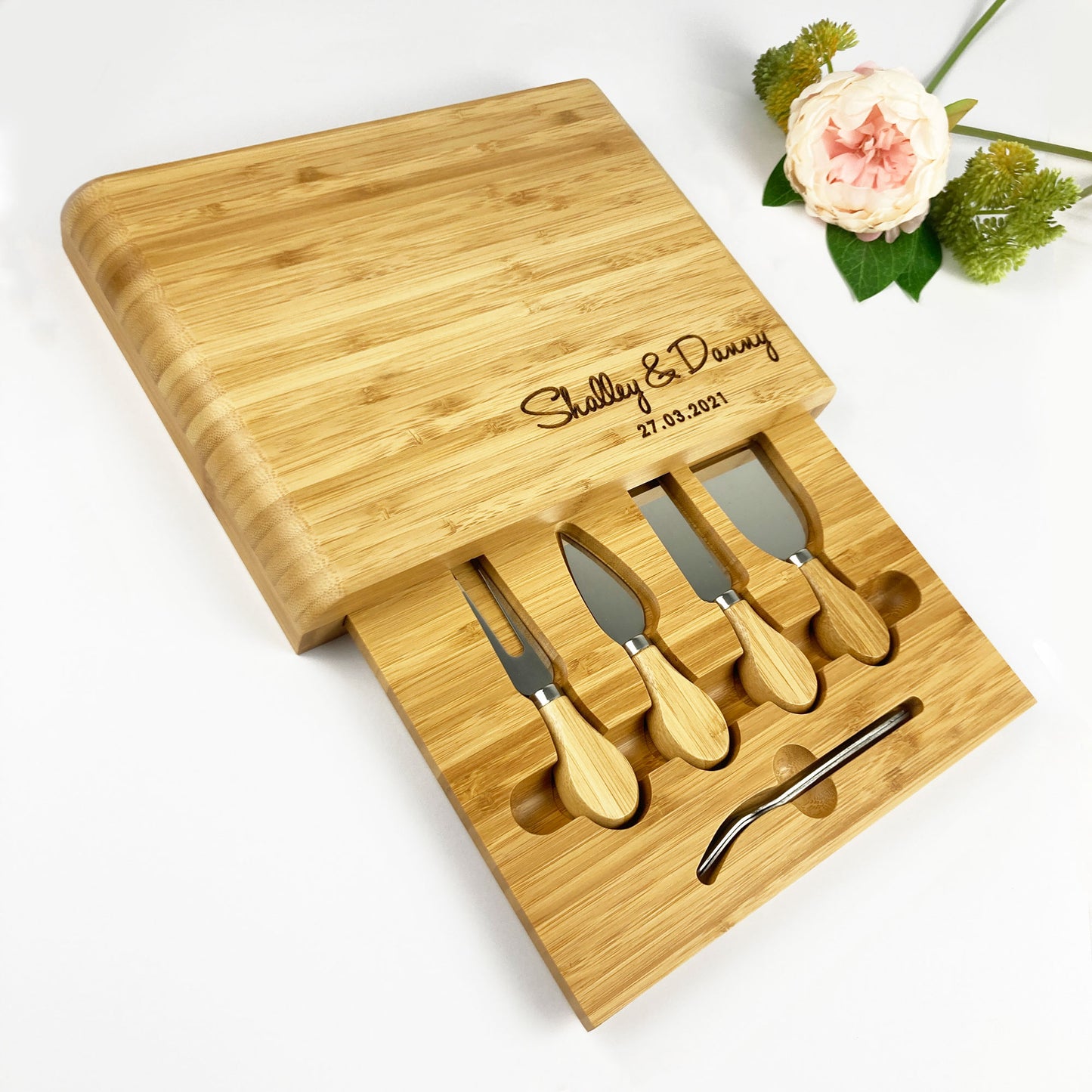 Wooden Cheese Cutting Board Gift Set with Knives Wedding Anniversary Newly Weds