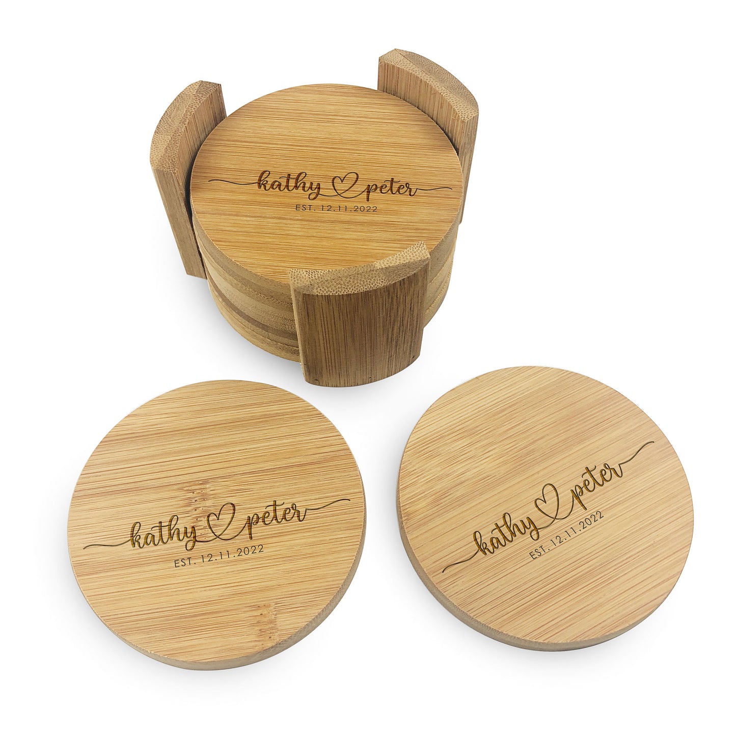 6 x Personalised Engaved Round Bamboo Coaster Set Gift with Stand | Custom Names Date