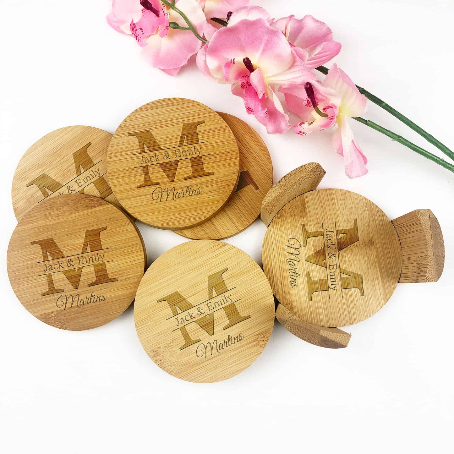 6 Pieces Round Bamboo Coasters Wedding Anniversary Gift