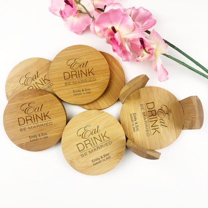 6 x Personalised Engaved Round Bamboo Coaster Set Gift with Stand | Custom Names Date