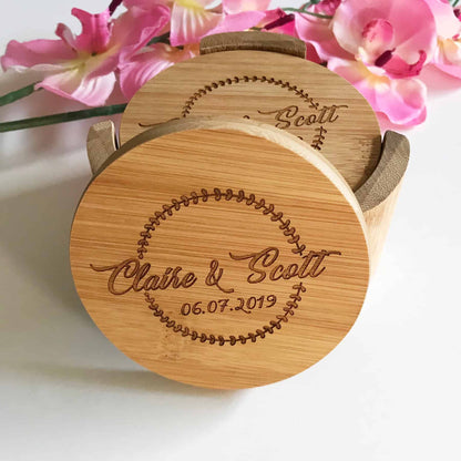 6 Pieces Round Bamboo Coasters with Stand