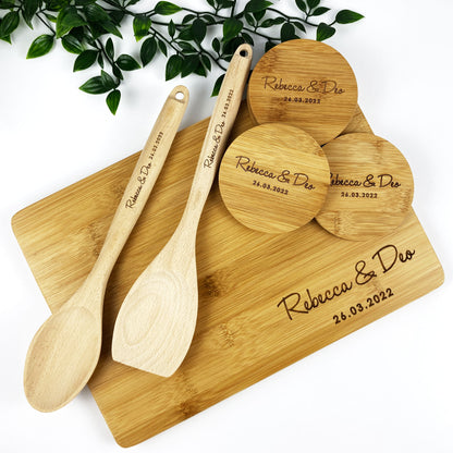 Engraved Chopping Board Gift Set | Custom Names Date | Wedding Gift Housewarming Present Bridal Shower Gift Anniversary Gift