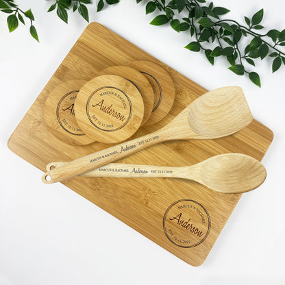 Engraved Chopping Board Gift Set | Custom Names Date | Wedding Gift Housewarming Present Bridal Shower Gift Anniversary Gift