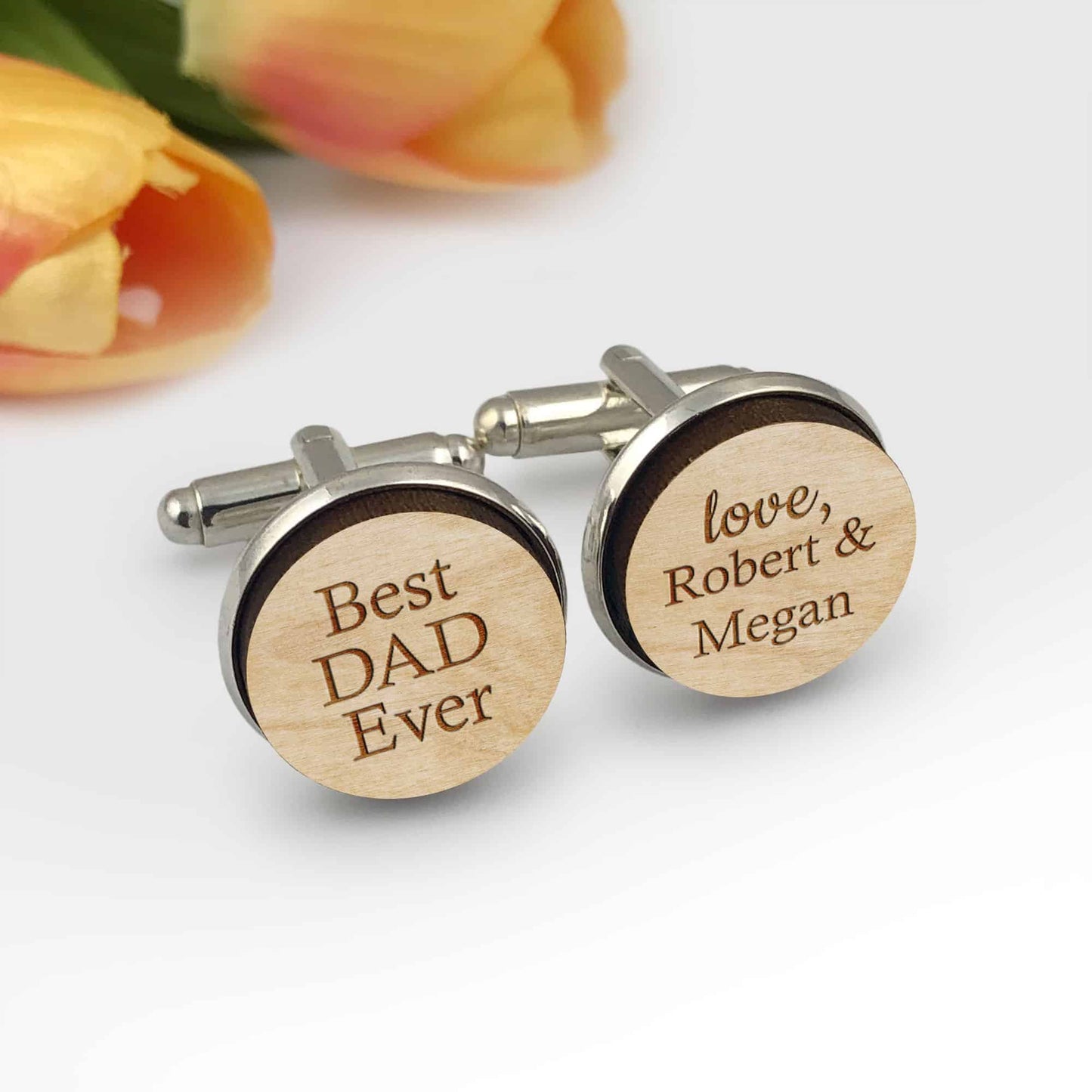 Fathers Day Round Wooden Engraved Mens Shirt Cufflinks Gift Set
