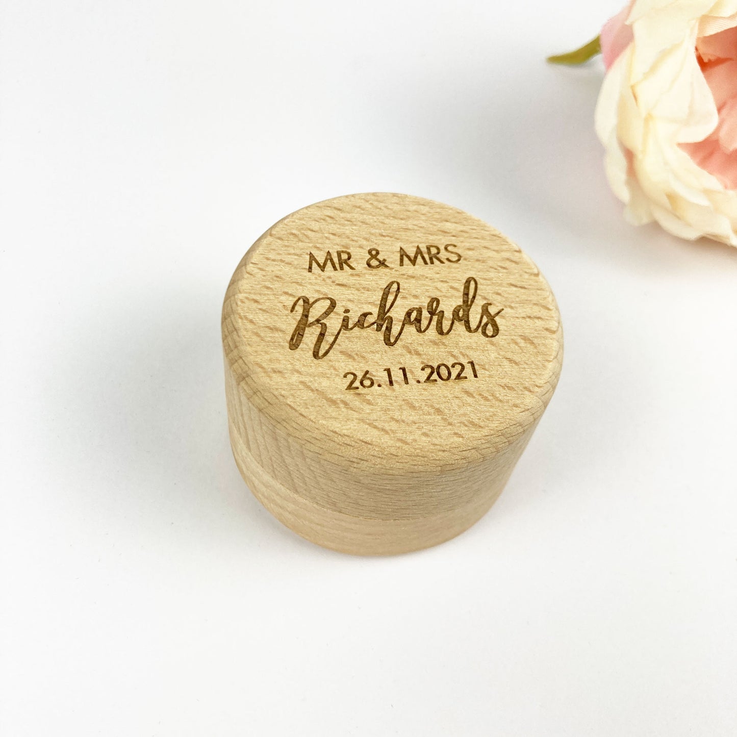 Round Wooden Ring box Gift with Names & Date