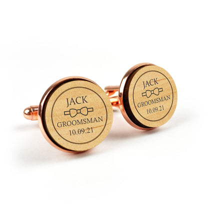 Round Wooden Engraved Wedding shirt Cufflinks Gift with Custom Name and Wedding Role