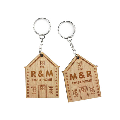 Wooden 2x Engraved Wooden First Home Keyrings Gift Set