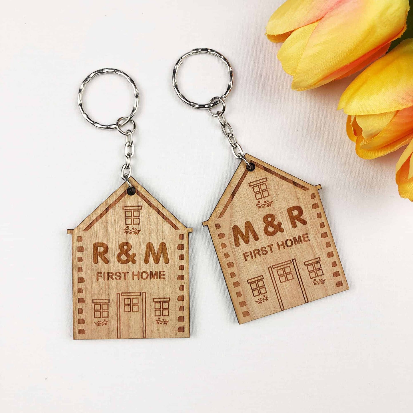 Wooden 2x Engraved Wooden First Home Keyrings Gift Set