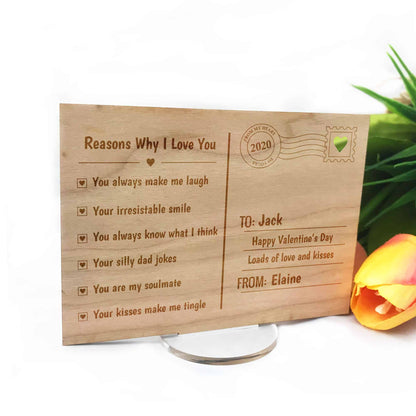 Wooden Engraved Reasons Why I Love You Valentines Day postcard Gift with stand
