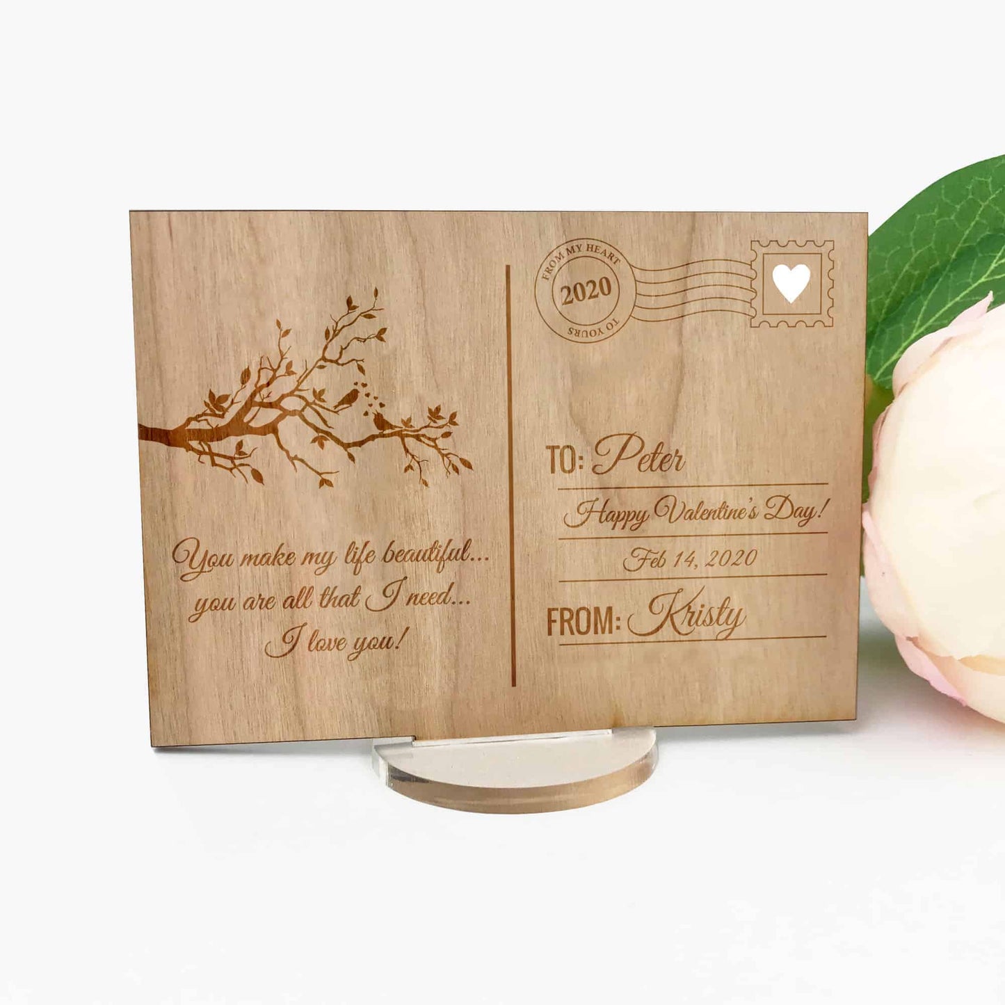 Wooden Engraved Valentines Day Message post card with stand