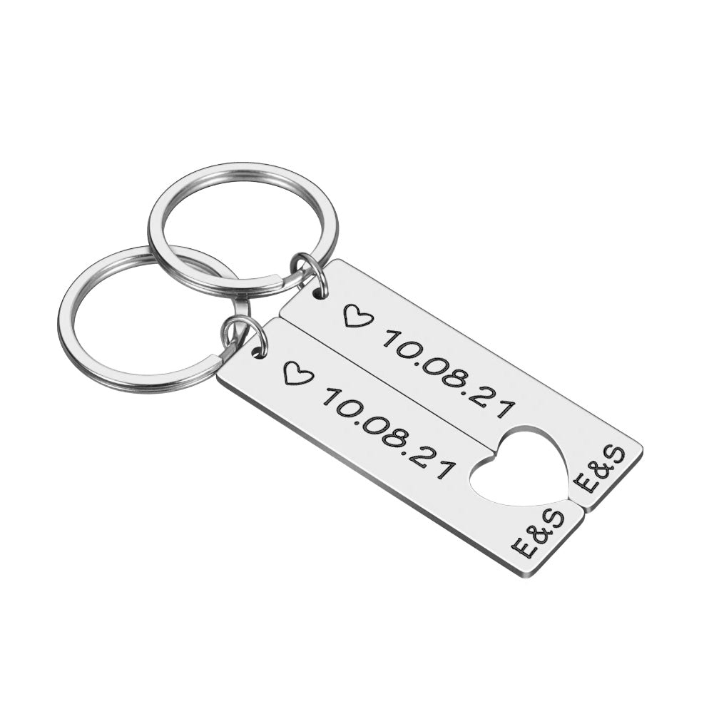 2 x Personalised Hollow Heart Keyring Set Gift