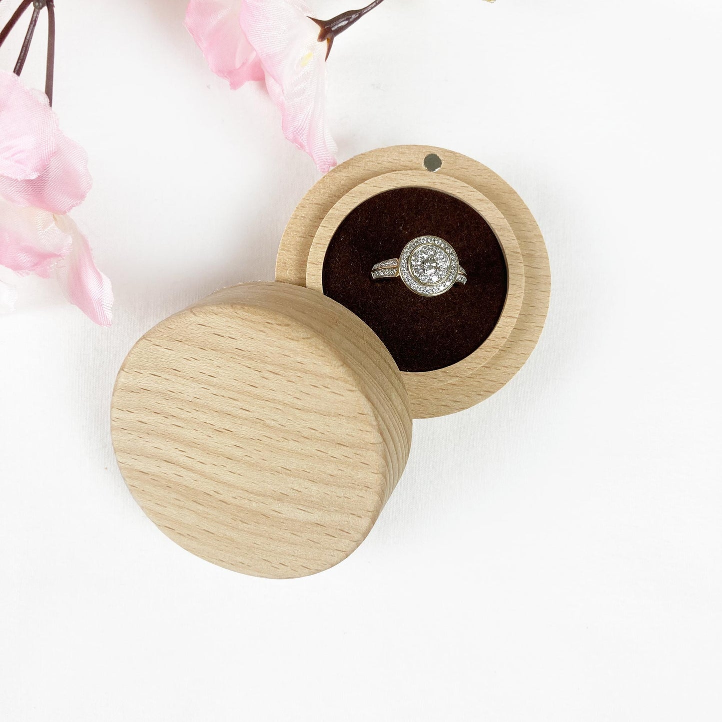 Engraved Round Wooden Ring box Gift Custom Names Surname & Date Floral Frame