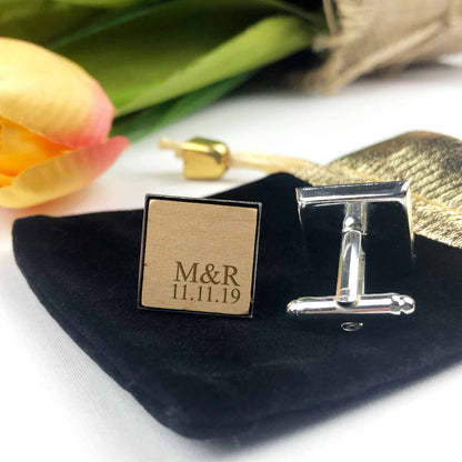 Square Wooden Initials and Date Men Wedding Cufflinks Gift