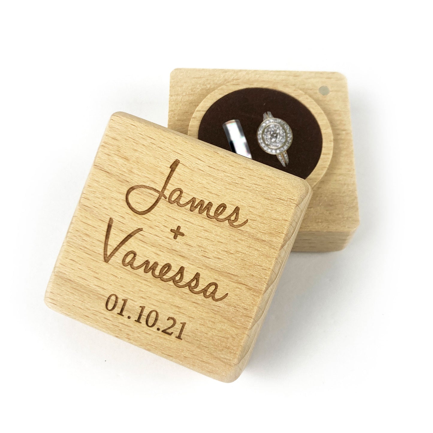 Square Wooden Ring box Gift with Names & Date