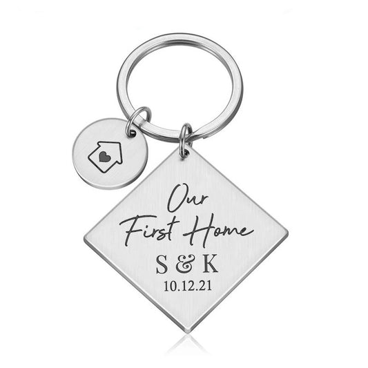 Engraved Our First Home Metal Keyring Gift Custom Initials Date