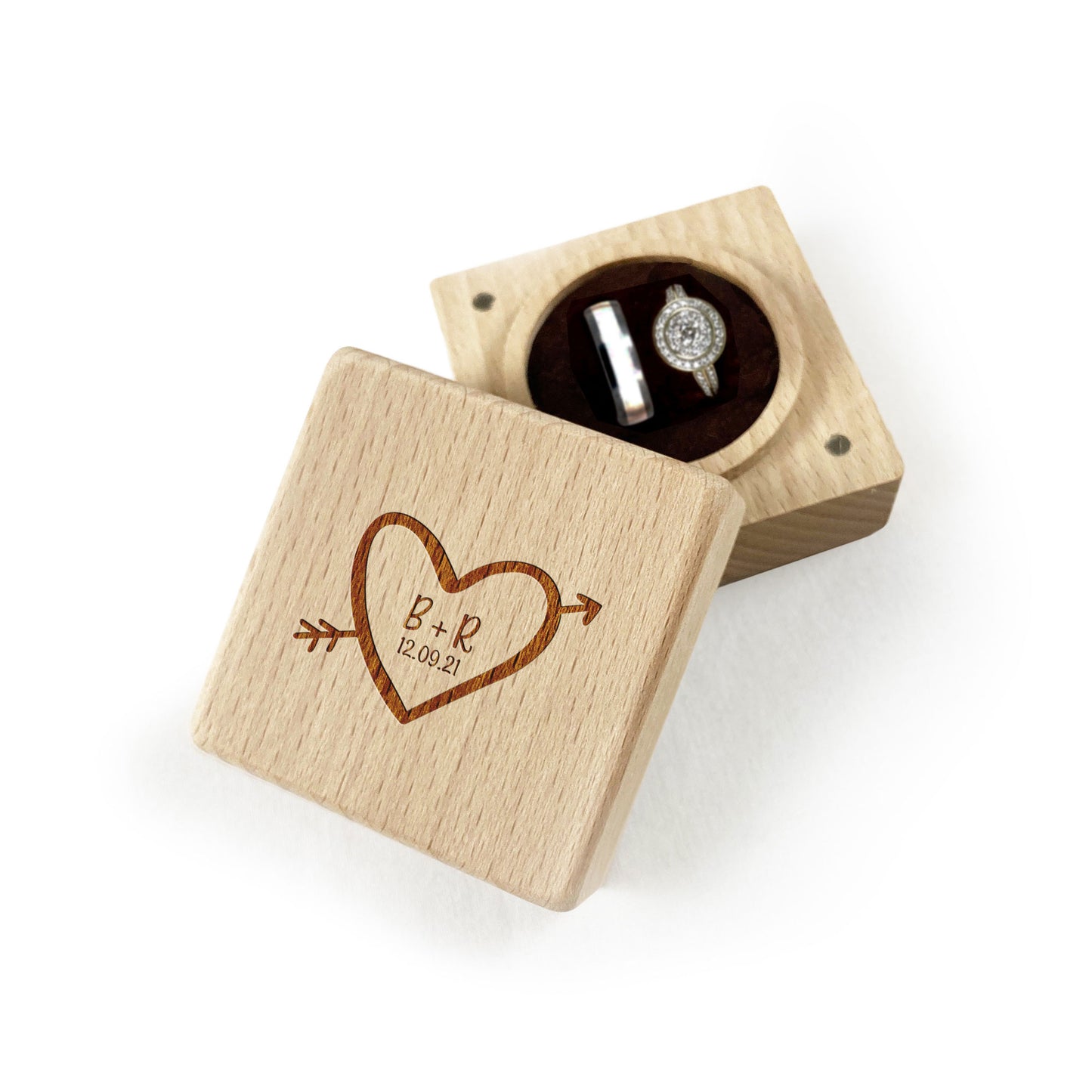 Engraved Ring Bearer Pillow Holder Gift Box Initials & Date Love Heart Frame