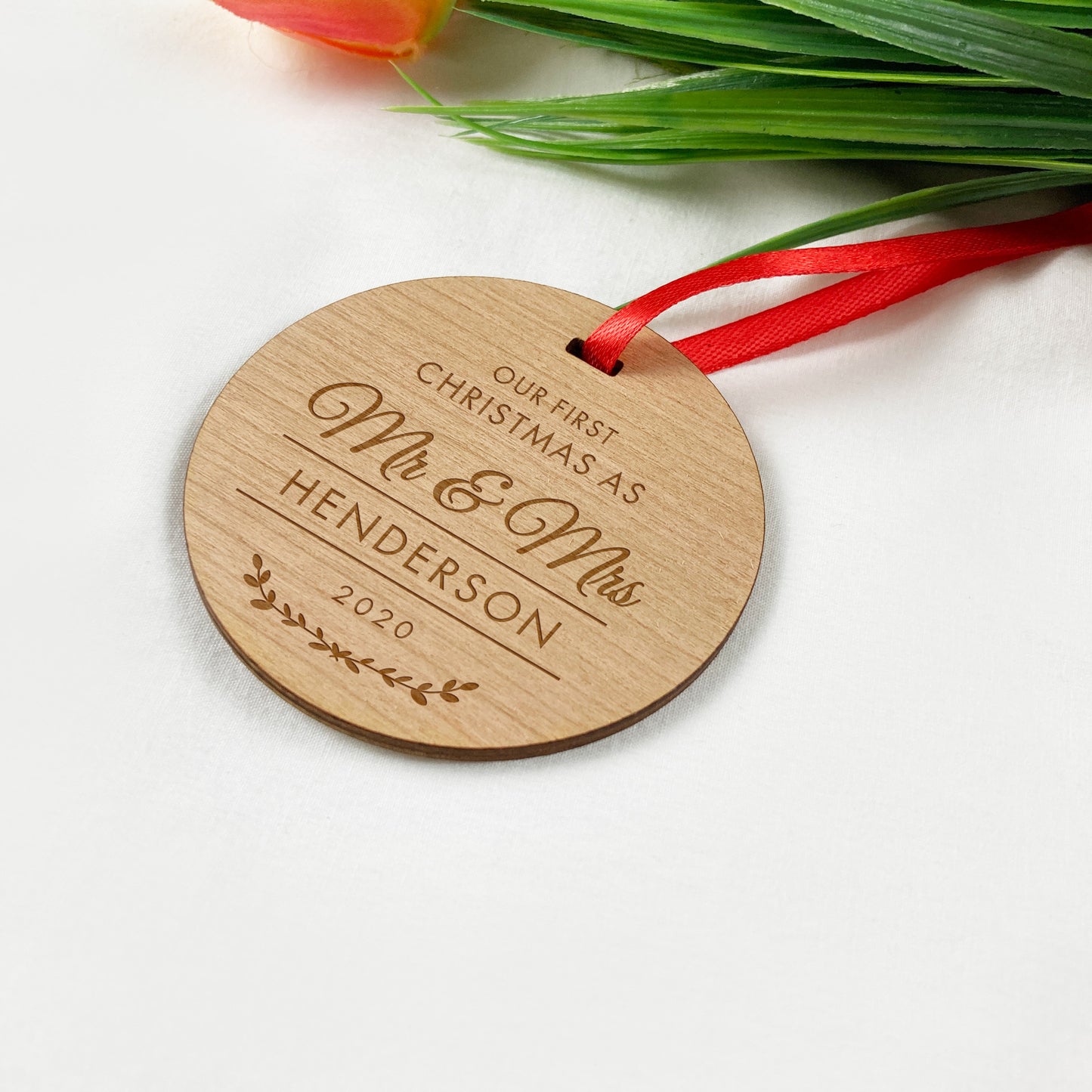 Engraved Wooden Round First Christmas Bauble Ornament Gift