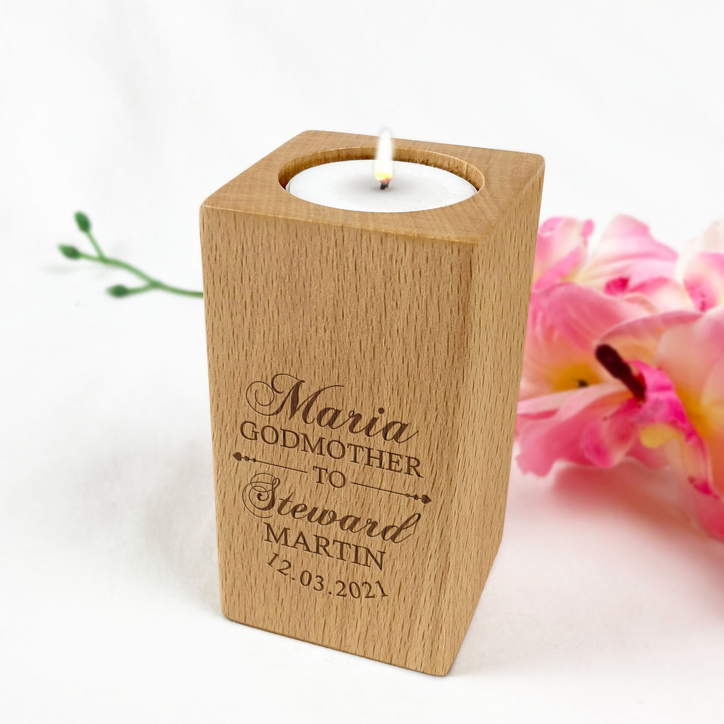 Wooden Tealight Candle Holder for Godparents Baptism Gift