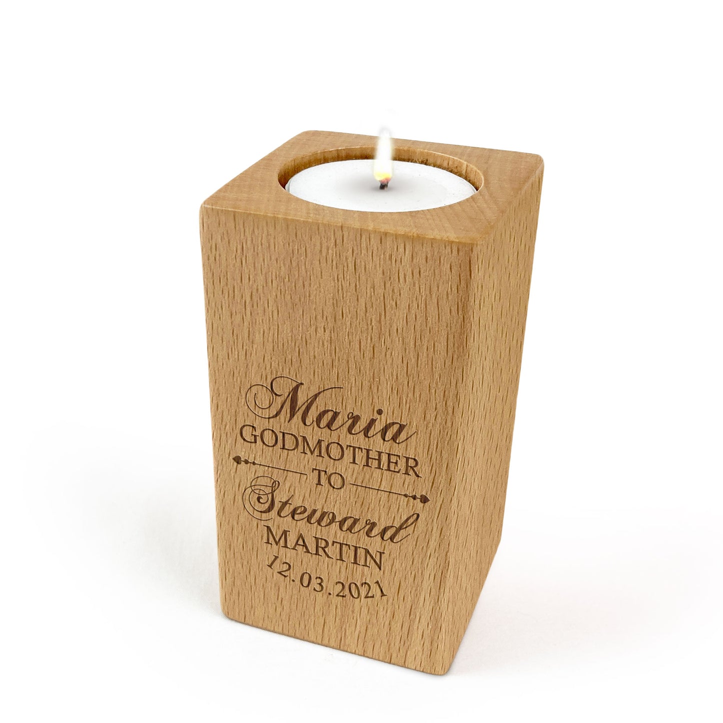 Wooden Tealight Candle Holder for Godparents Baptism Gift