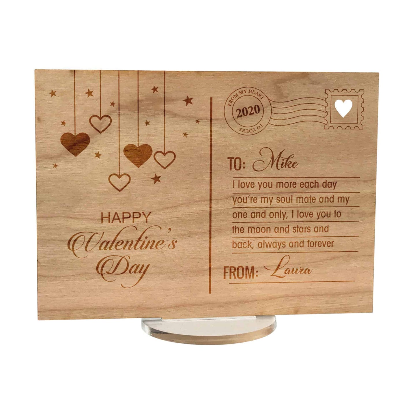 Wooden Engraved Valentines Day Message post card with stand